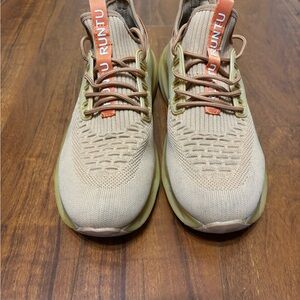 Beige and Orange Knit Sneakers